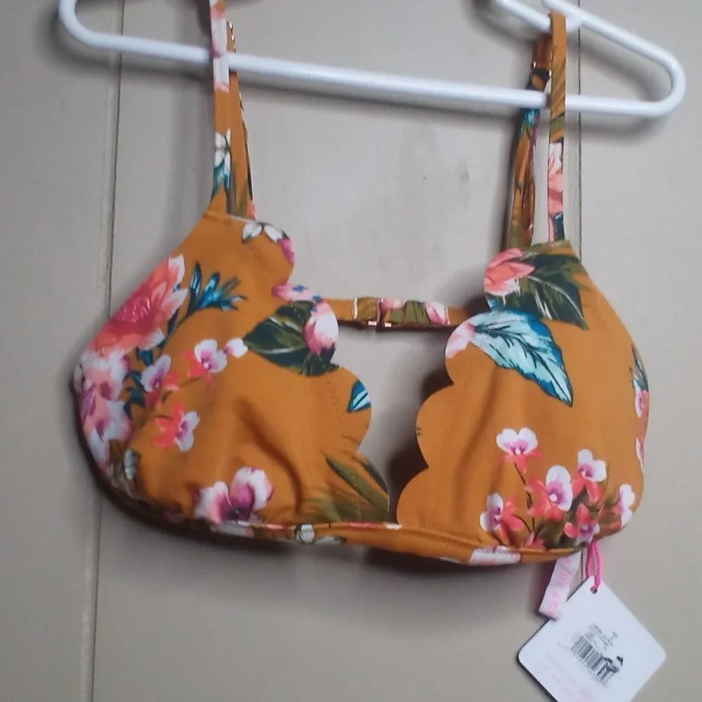 Vanilla Beach Swim Bikini Top S Triangle Scallop Trim Floral